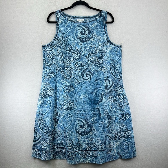 J.Jill Love Linen Dress Sz M Blues w/Accent Scoop Neck Sleeveless 100% Linen NWT - Picture 1 of 8